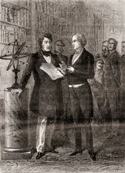 Urbain Jean Joseph Le Verrier, à droite, reçu par le roi Louis-Philippe, à gauche, aux Tuileries, Paris, France, après sa découverte de la planète Neptune en 1846, extrait de Les Merveilles de la Science
